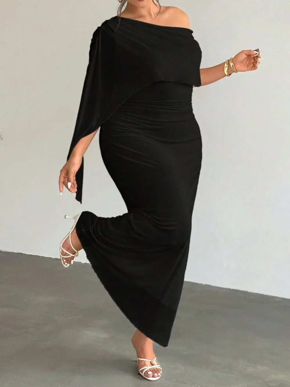 Black Elegant Women's Slim Fit Ruched Asymmetric High Waisted Long Pencil Dress